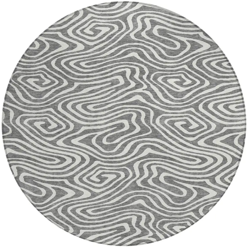 8' Gray And Ivory Round Abstract Washable Indoor Outdoor Area Rug Photo 2