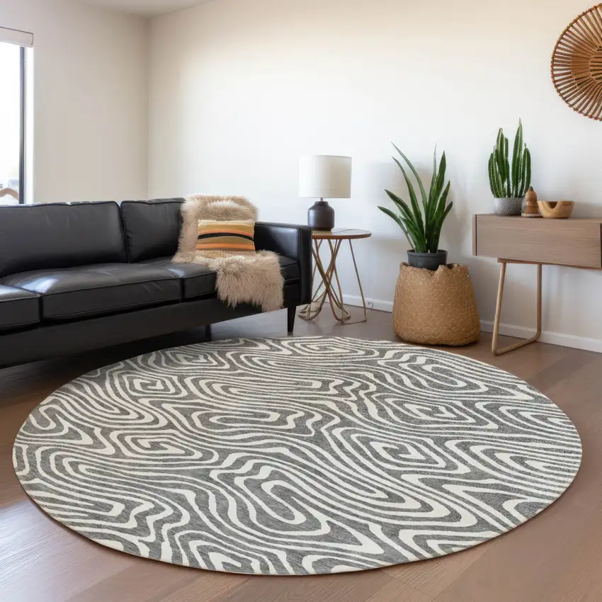 8' Gray And Ivory Round Abstract Washable Indoor Outdoor Area Rug Photo 7