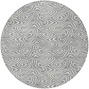 Photo of 8' Gray And Ivory Round Abstract Washable Indoor Outdoor Area Rug