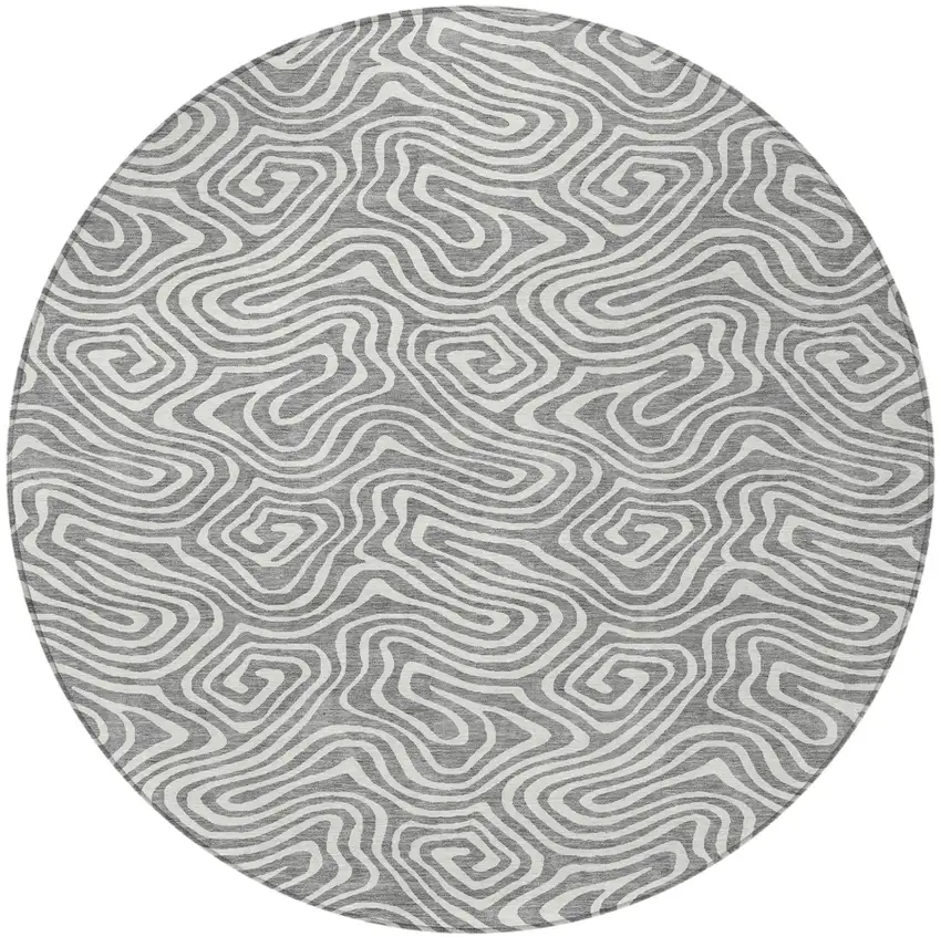 8' Gray And Ivory Round Abstract Washable Indoor Outdoor Area Rug Photo 4