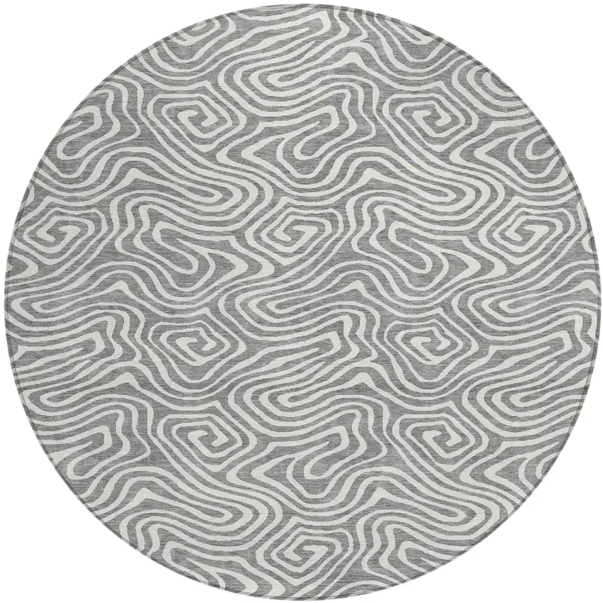 8' Gray And Ivory Round Abstract Washable Indoor Outdoor Area Rug Photo 2