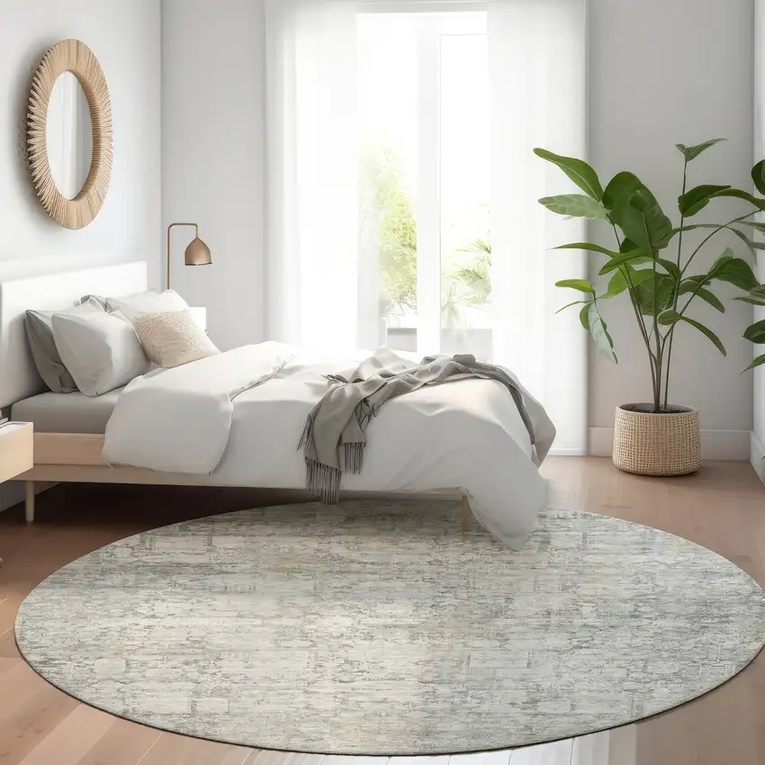 8' Gray And Ivory Round Abstract Washable Indoor Outdoor Area Rug Photo 6