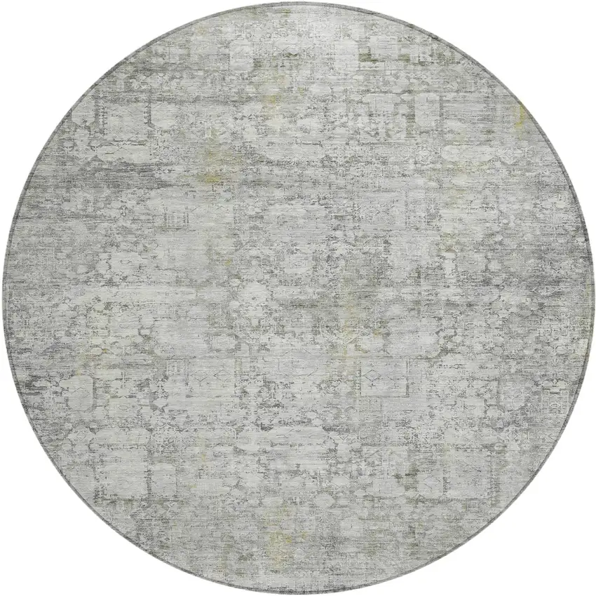 8' Gray And Ivory Round Abstract Washable Indoor Outdoor Area Rug Photo 1