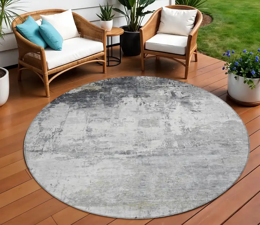 8' Gray And Ivory Round Abstract Washable Indoor Outdoor Area Rug Photo 2