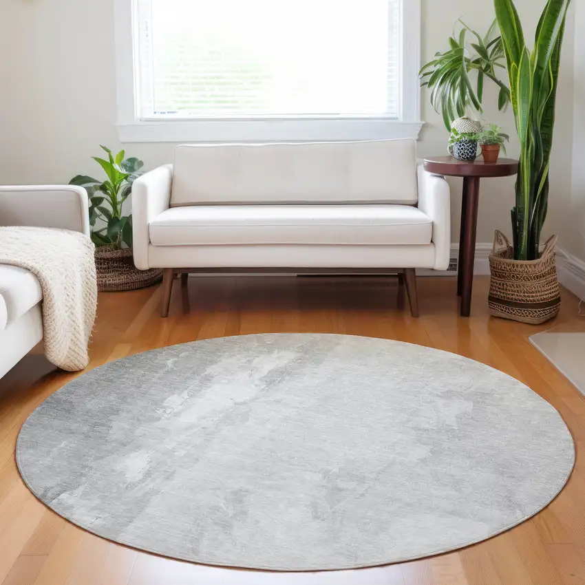 8' Gray And Ivory Round Abstract Washable Indoor Outdoor Area Rug Photo 6