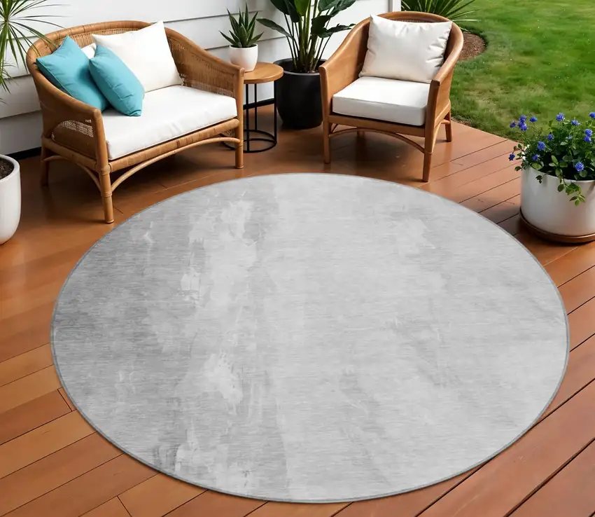 8' Gray And Ivory Round Abstract Washable Indoor Outdoor Area Rug Photo 2