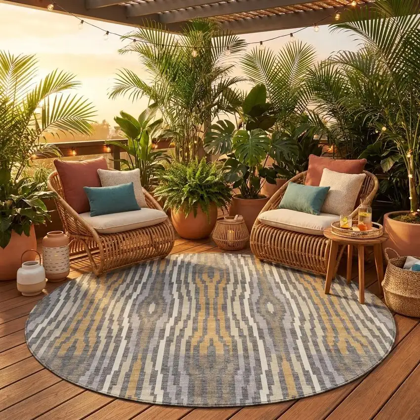 8' Gray And Ivory Round Abstract Washable Indoor Outdoor Area Rug Photo 1