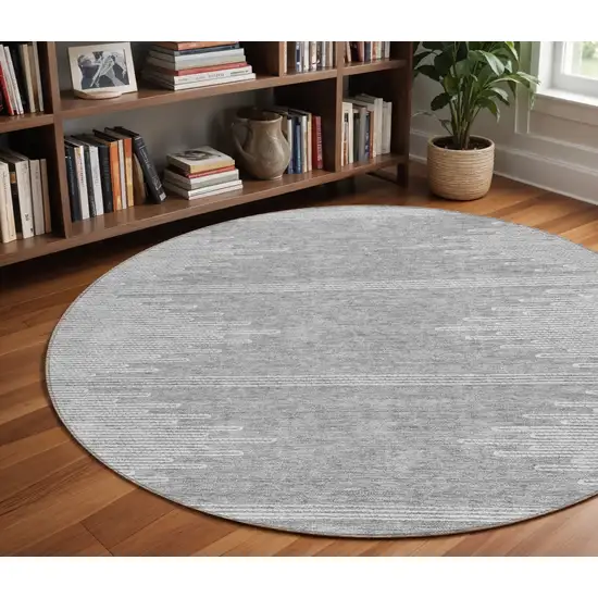 8' Gray And Ivory Round Abstract Washable Indoor Outdoor Area Rug Photo 8