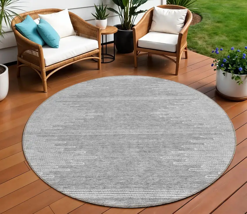 8' Gray And Ivory Round Abstract Washable Indoor Outdoor Area Rug Photo 1