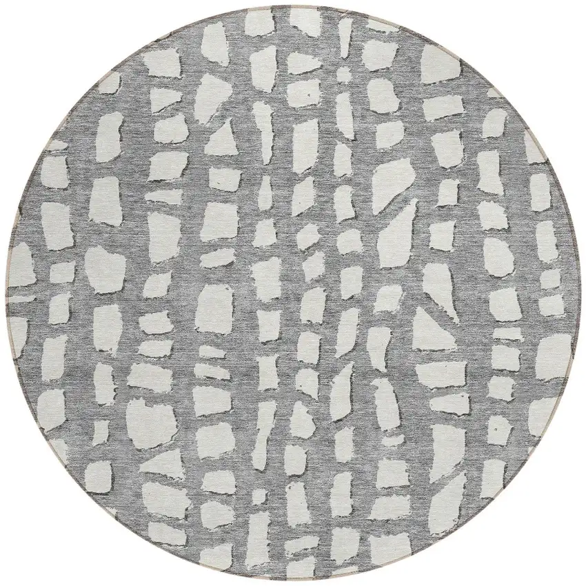 8' Gray And Ivory Round Abstract Washable Indoor Outdoor Area Rug Photo 5