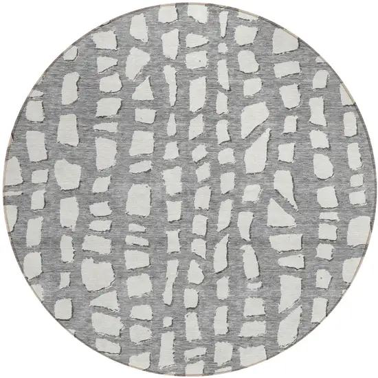 8' Gray And Ivory Round Abstract Washable Indoor Outdoor Area Rug Photo 1