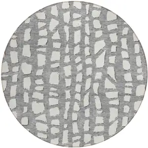Photo of 8' Gray And Ivory Round Abstract Washable Indoor Outdoor Area Rug