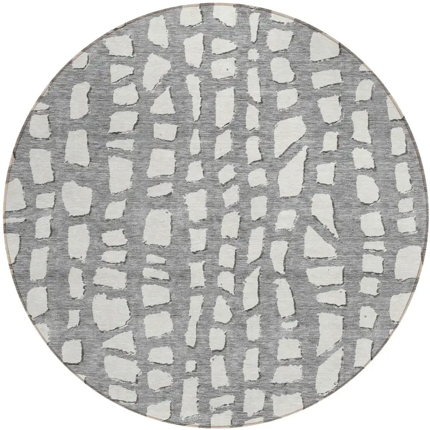 8' Gray And Ivory Round Abstract Washable Indoor Outdoor Area Rug Photo 1