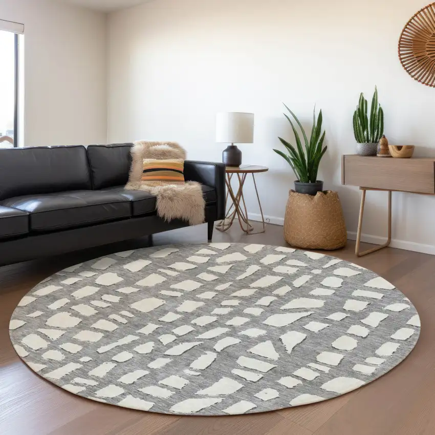 8' Gray And Ivory Round Abstract Washable Indoor Outdoor Area Rug Photo 7