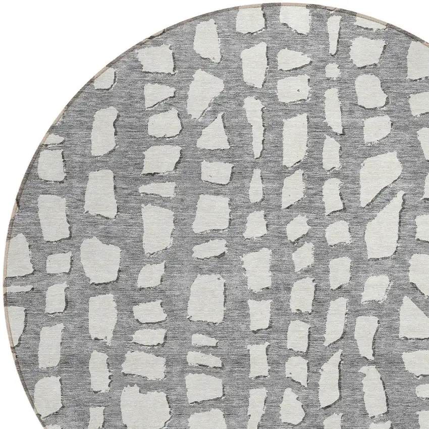 8' Gray And Ivory Round Abstract Washable Indoor Outdoor Area Rug Photo 4
