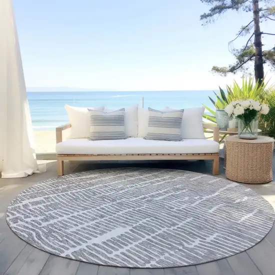 8' Gray And Ivory Round Abstract Washable Indoor Outdoor Area Rug Photo 8