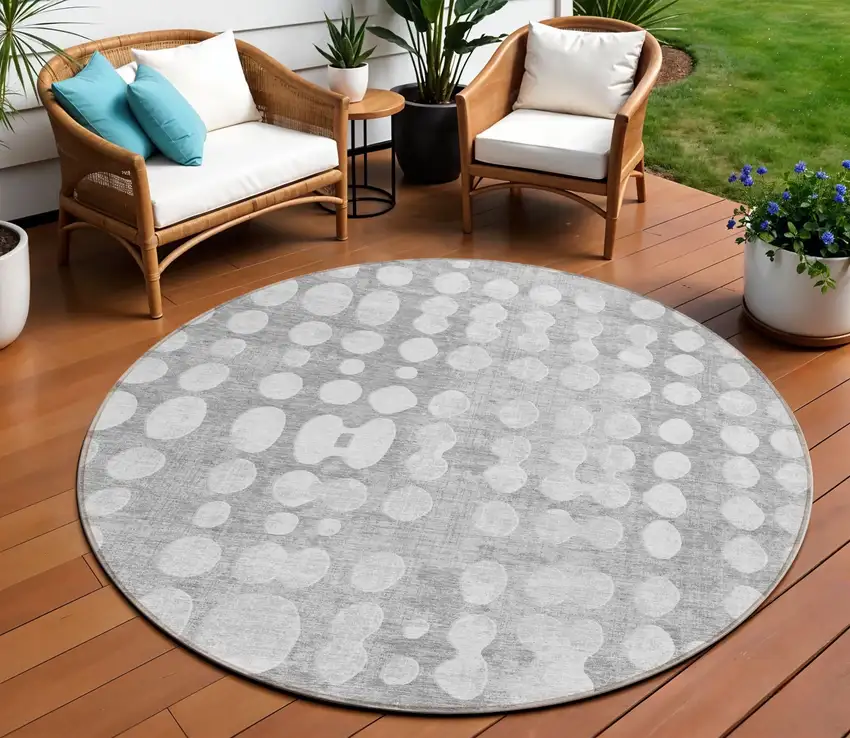 8' Gray And Ivory Round Abstract Washable Indoor Outdoor Area Rug Photo 1