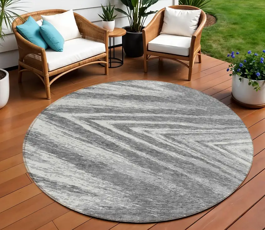 8' Gray And Ivory Round Abstract Washable Indoor Outdoor Area Rug Photo 1