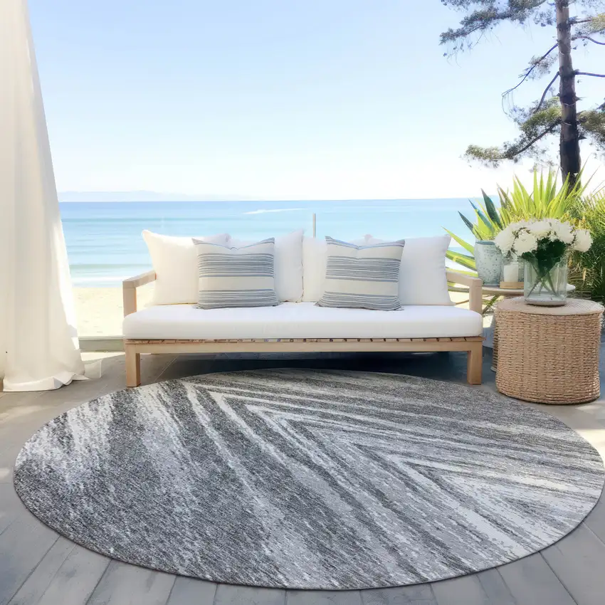 8' Gray And Ivory Round Abstract Washable Indoor Outdoor Area Rug Photo 6