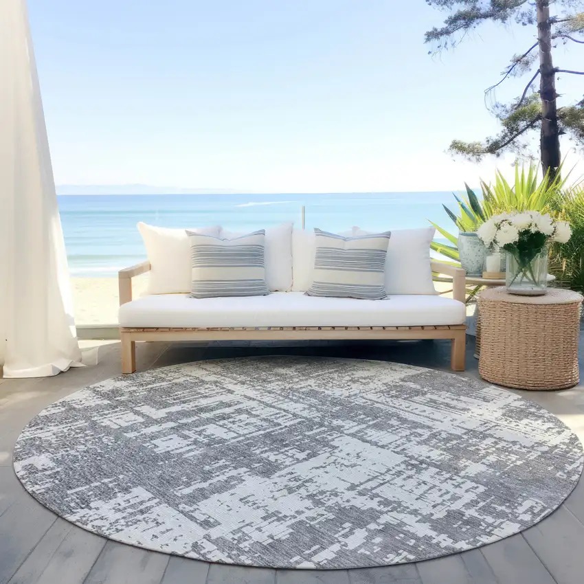 8' Gray And Ivory Round Abstract Washable Indoor Outdoor Area Rug Photo 6