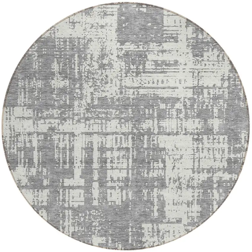 8' Gray And Ivory Round Abstract Washable Indoor Outdoor Area Rug Photo 5