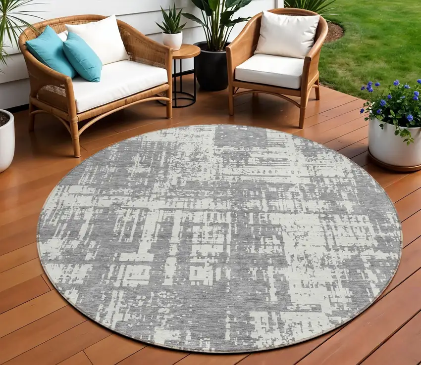 8' Gray And Ivory Round Abstract Washable Indoor Outdoor Area Rug Photo 1