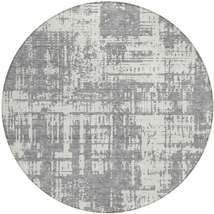 8' Gray And Ivory Round Abstract Washable Indoor Outdoor Area Rug Photo 2