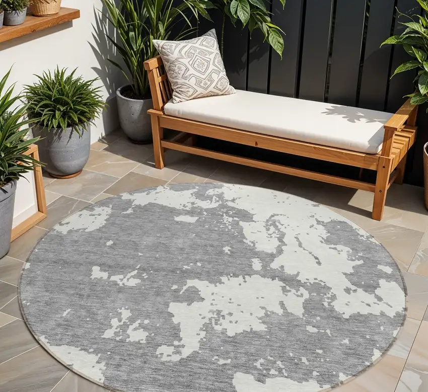 8' Gray And Ivory Round Abstract Washable Indoor Outdoor Area Rug Photo 1