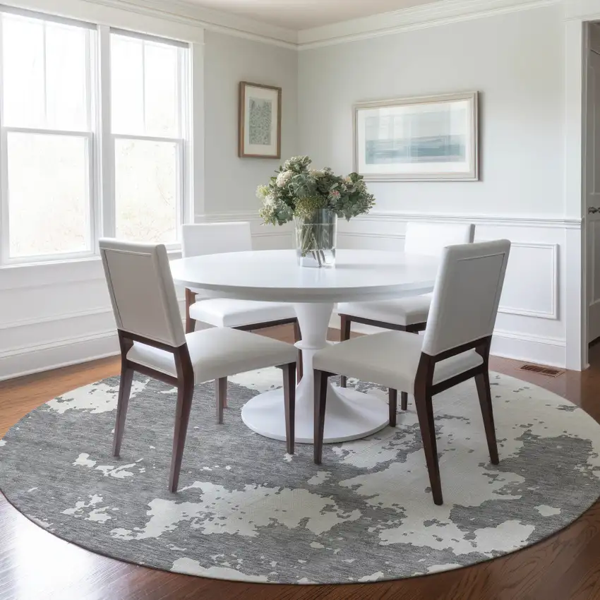 8' Gray And Ivory Round Abstract Washable Indoor Outdoor Area Rug Photo 7
