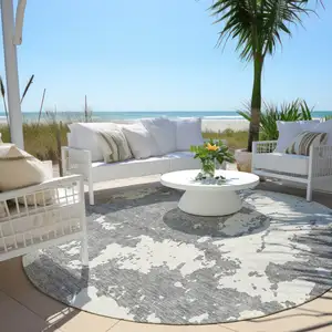 Photo of 8' Gray And Ivory Round Abstract Washable Indoor Outdoor Area Rug