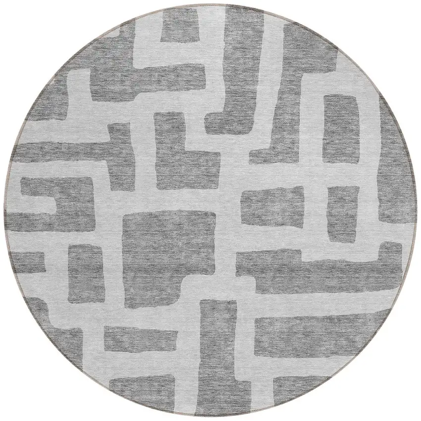 8' Gray And Ivory Round Abstract Washable Indoor Outdoor Area Rug Photo 5