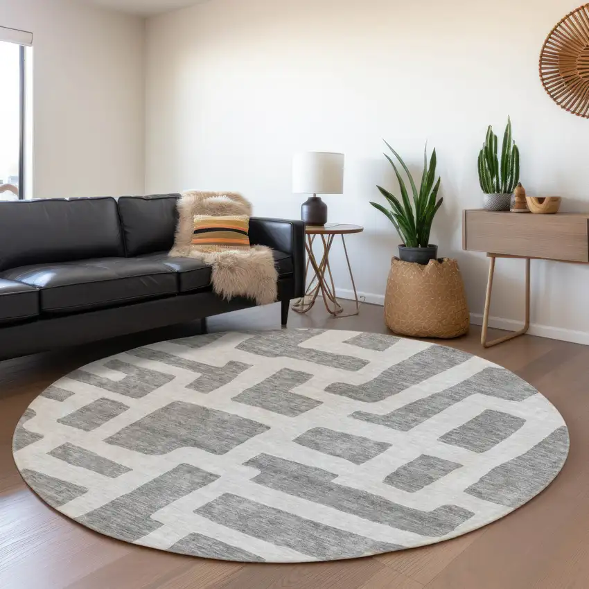 8' Gray And Ivory Round Abstract Washable Indoor Outdoor Area Rug Photo 7