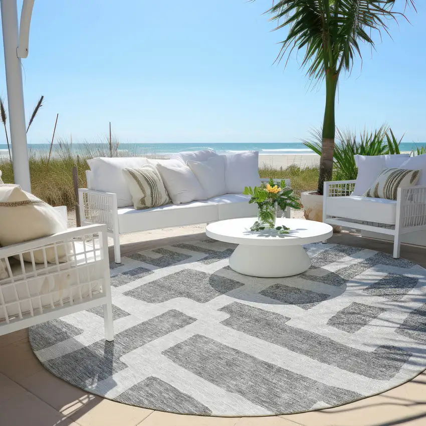 8' Gray And Ivory Round Abstract Washable Indoor Outdoor Area Rug Photo 6