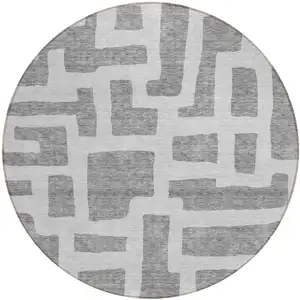 Photo of 8' Gray And Ivory Round Abstract Washable Indoor Outdoor Area Rug