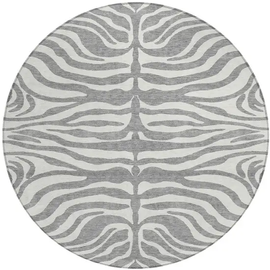 8' Gray And Ivory Round Animal Print Washable Indoor Outdoor Area Rug Photo 6
