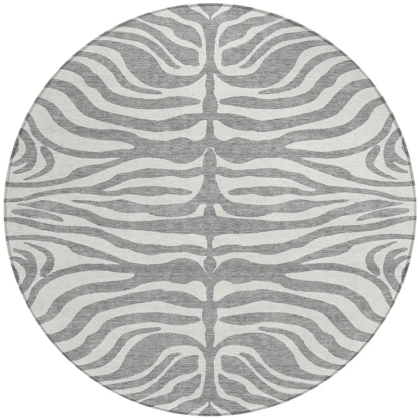 8' Gray And Ivory Round Animal Print Washable Indoor Outdoor Area Rug Photo 6