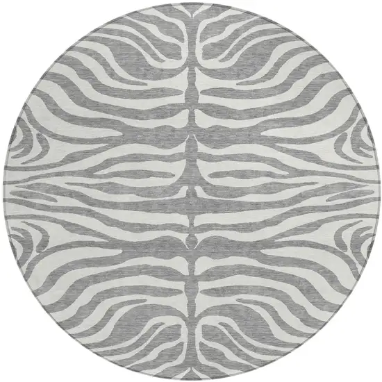 8' Gray And Ivory Round Animal Print Washable Indoor Outdoor Area Rug Photo 2