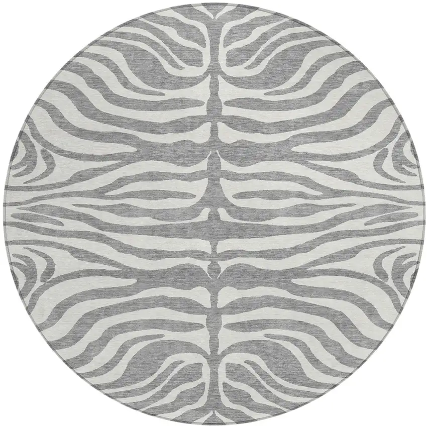 8' Gray And Ivory Round Animal Print Washable Indoor Outdoor Area Rug Photo 2