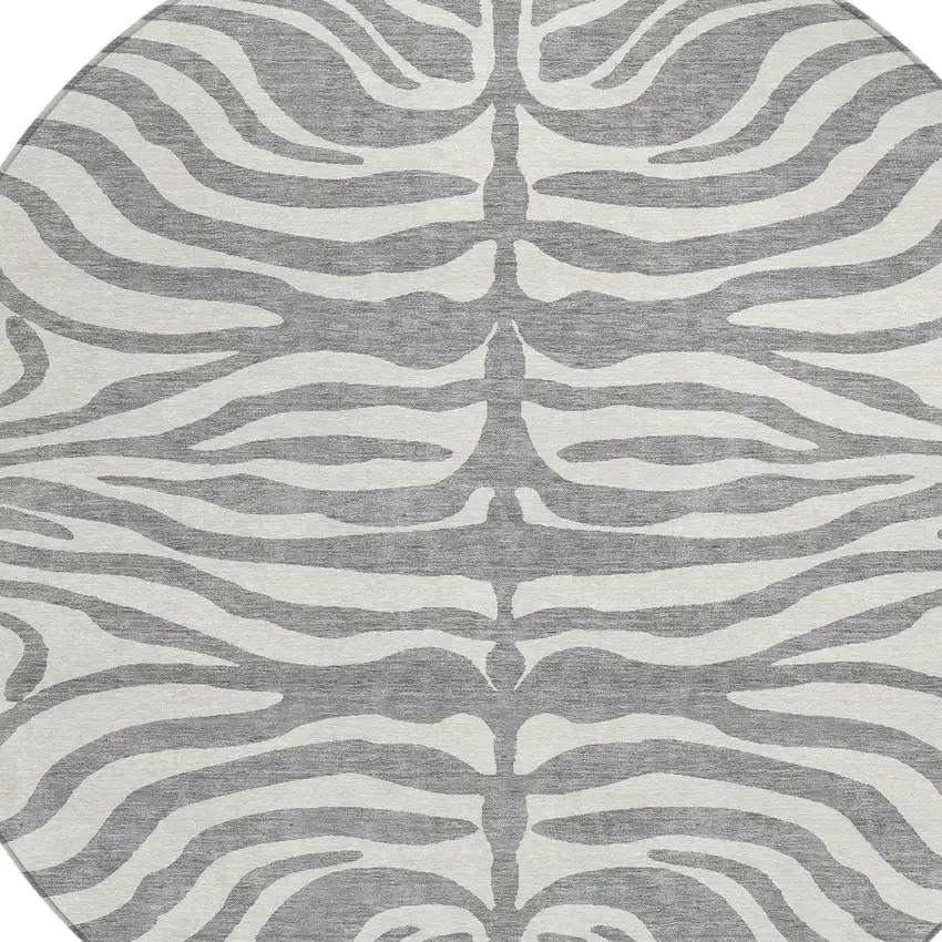 8' Gray And Ivory Round Animal Print Washable Indoor Outdoor Area Rug Photo 5