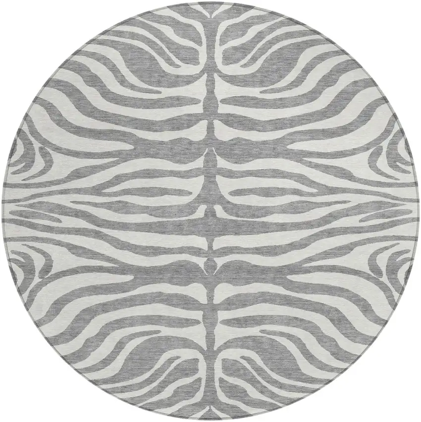 8' Gray And Ivory Round Animal Print Washable Indoor Outdoor Area Rug Photo 2