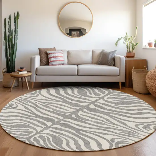 8' Gray And Ivory Round Animal Print Washable Indoor Outdoor Area Rug Photo 8