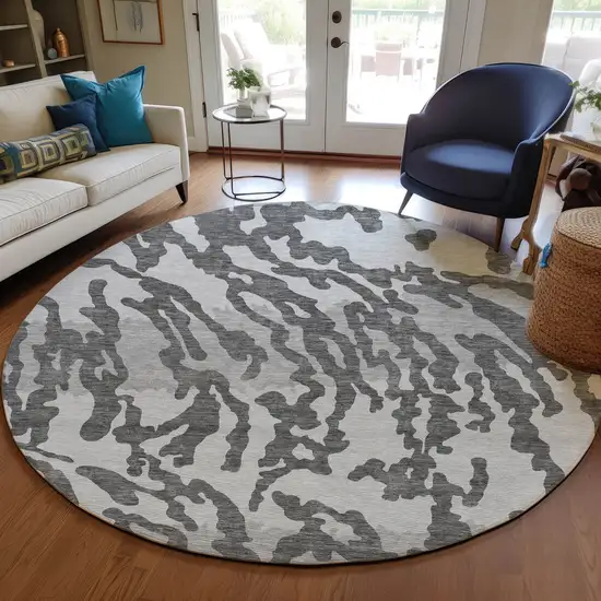 8' Gray And Ivory Round Animal Print Washable Indoor Outdoor Area Rug Photo 7