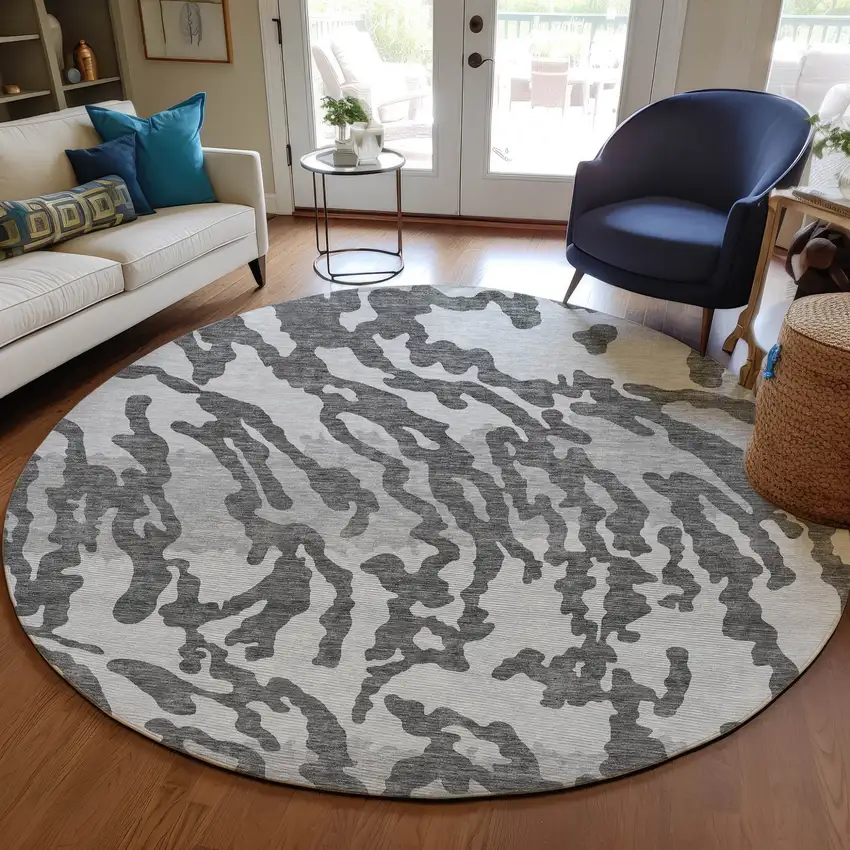 8' Gray And Ivory Round Animal Print Washable Indoor Outdoor Area Rug Photo 7