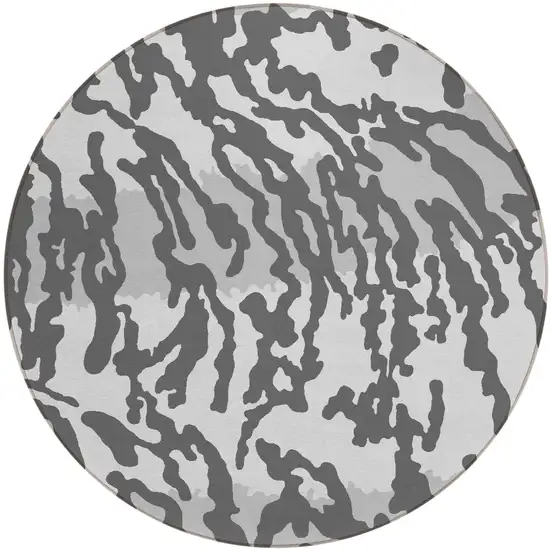 8' Gray And Ivory Round Animal Print Washable Indoor Outdoor Area Rug Photo 2
