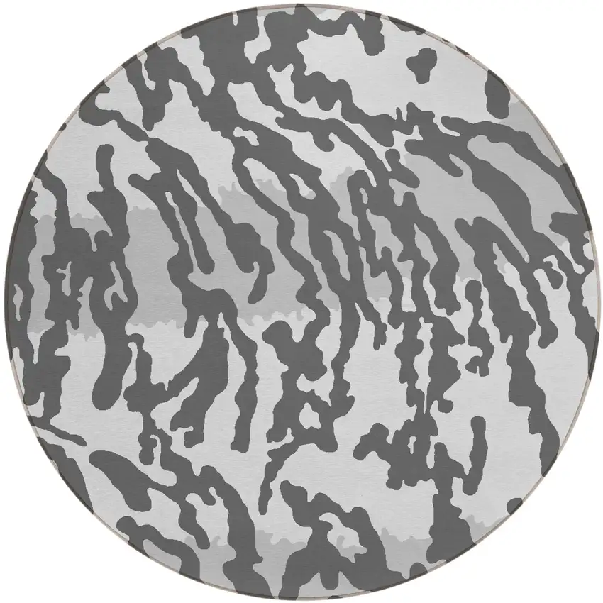 8' Gray And Ivory Round Animal Print Washable Indoor Outdoor Area Rug Photo 2