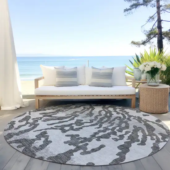 8' Gray And Ivory Round Animal Print Washable Indoor Outdoor Area Rug Photo 6