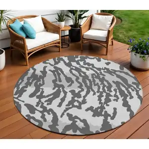 Photo of 8' Gray And Ivory Round Animal Print Washable Indoor Outdoor Area Rug