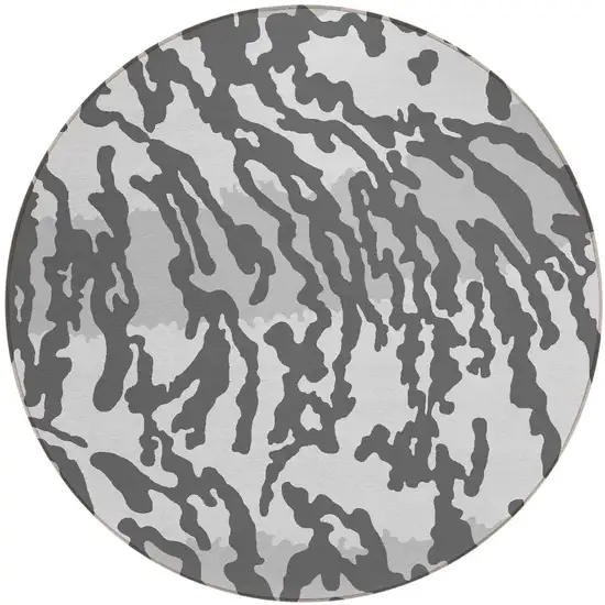 8' Gray And Ivory Round Animal Print Washable Indoor Outdoor Area Rug Photo 5
