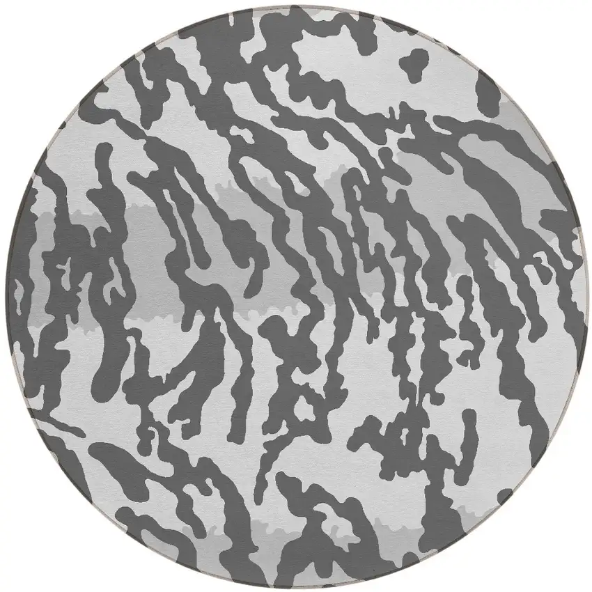 8' Gray And Ivory Round Animal Print Washable Indoor Outdoor Area Rug Photo 5
