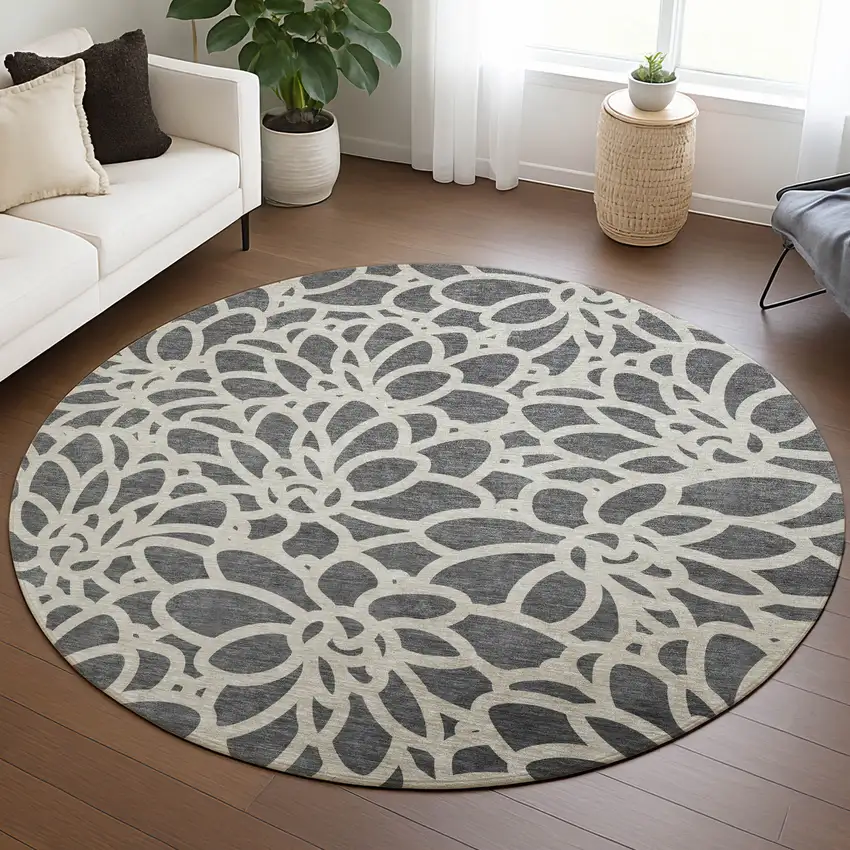 8' Gray And Ivory Round Botanical Leaves Washable Indoor Outdoor Area Rug Photo 5